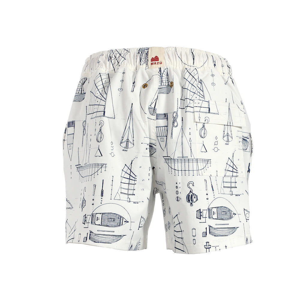 Mazu Resortwear Classic Swim Shorts | White Keying | Junk Boat Design