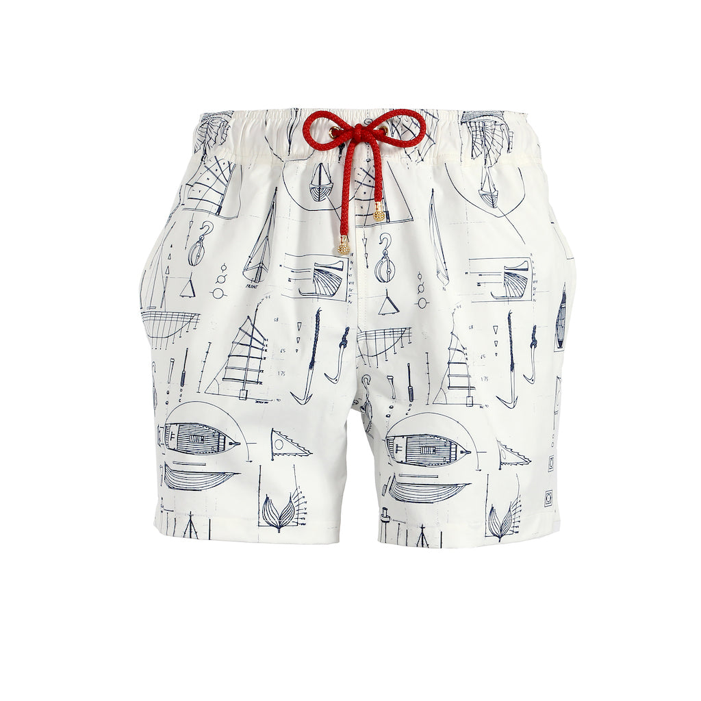 Mazu Resortwear Classic Swim Shorts | White Keying | Junk Boat Design