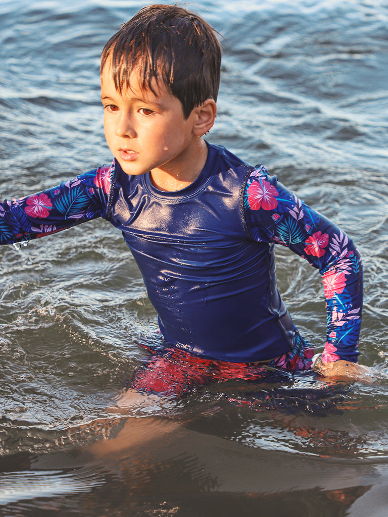 Kids Recycled Plastic long-sleeve rash guards with UPF 30+ sun protection