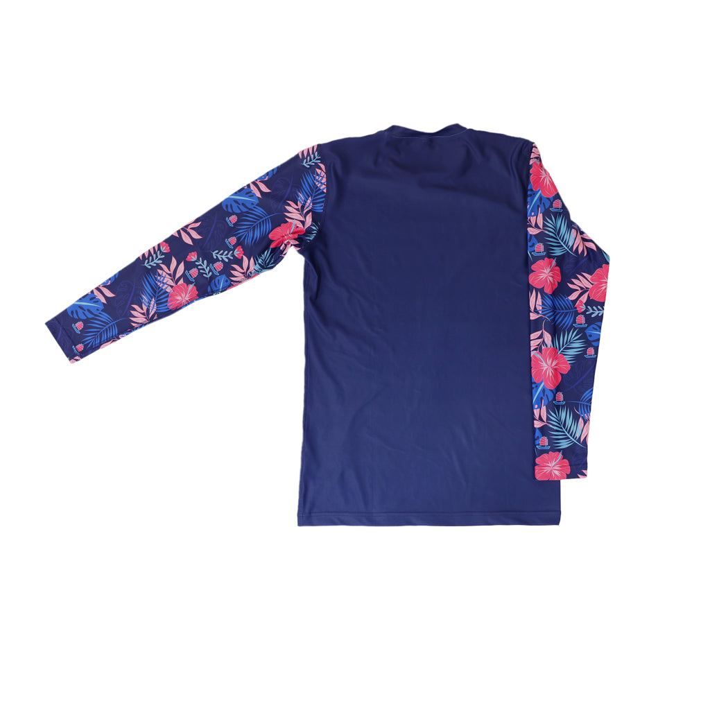 Recycled Plastic long-sleeve rash guard.