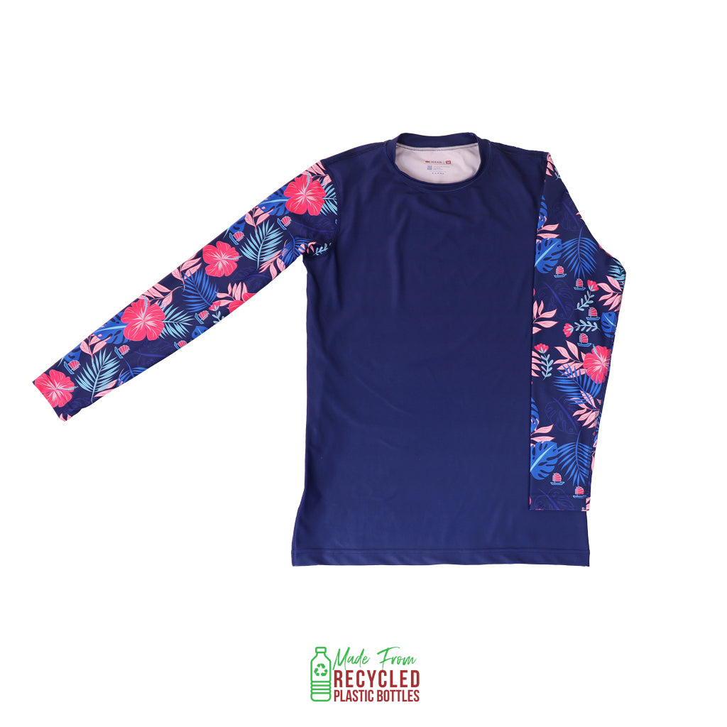 Eco-friendly long-sleeve rash guard.