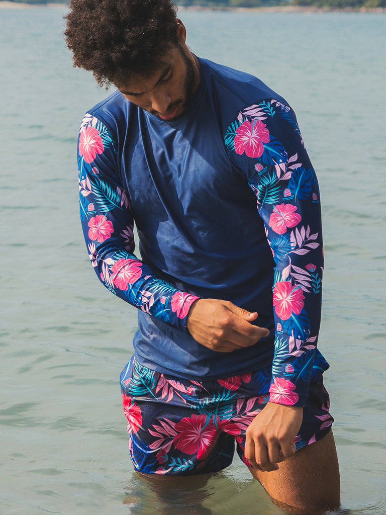 Recycled Plastic Long-sleeve rash guard.