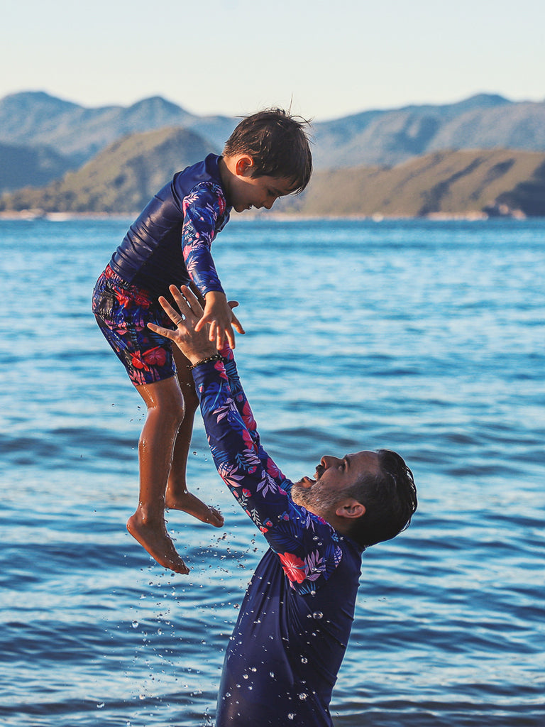 Matching Father & Son Recycled Plastic long-sleeve rash guards with UPF 30+ sun protection
